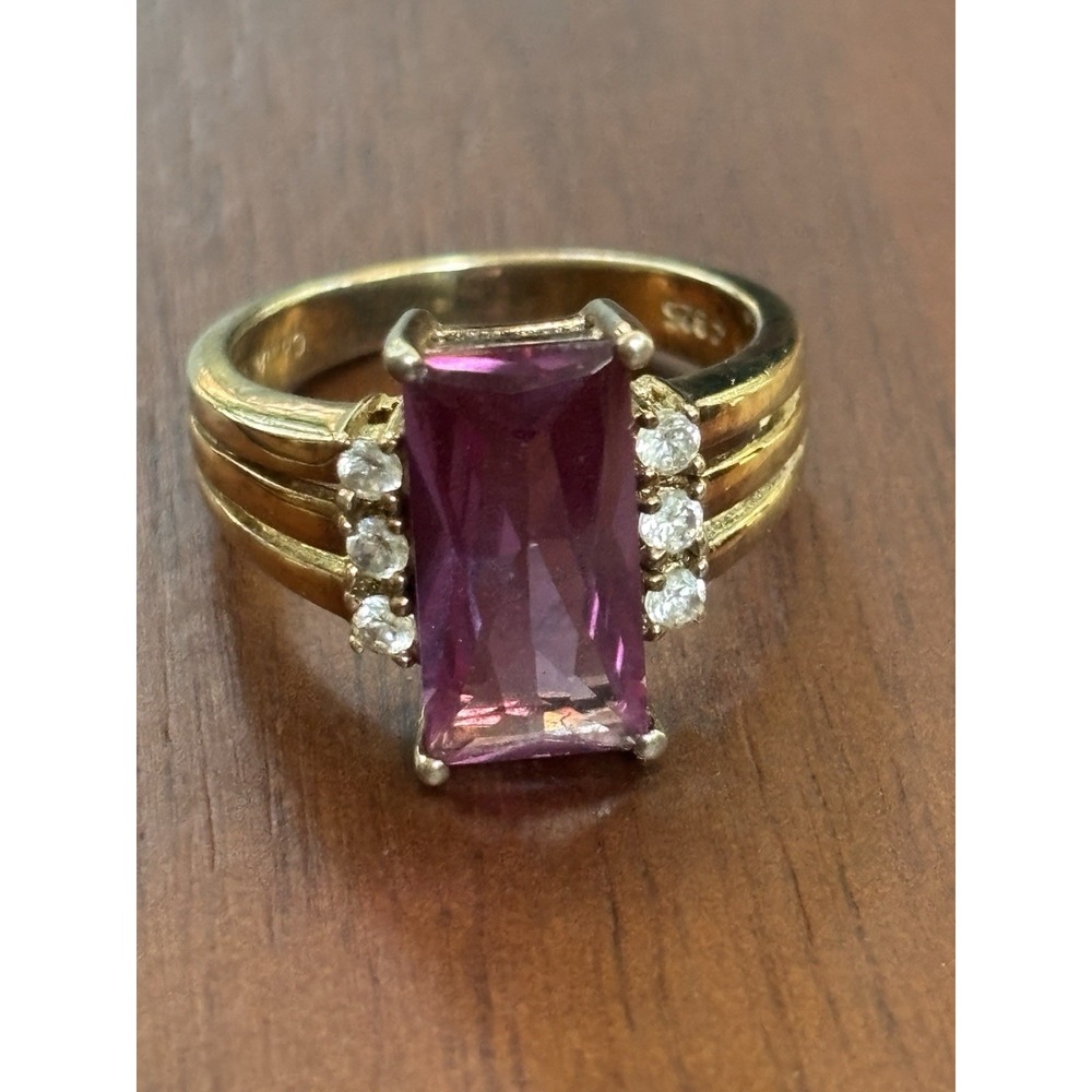 Vintage Emerald Cut Purple Sapphire & CZ Ring Size 7